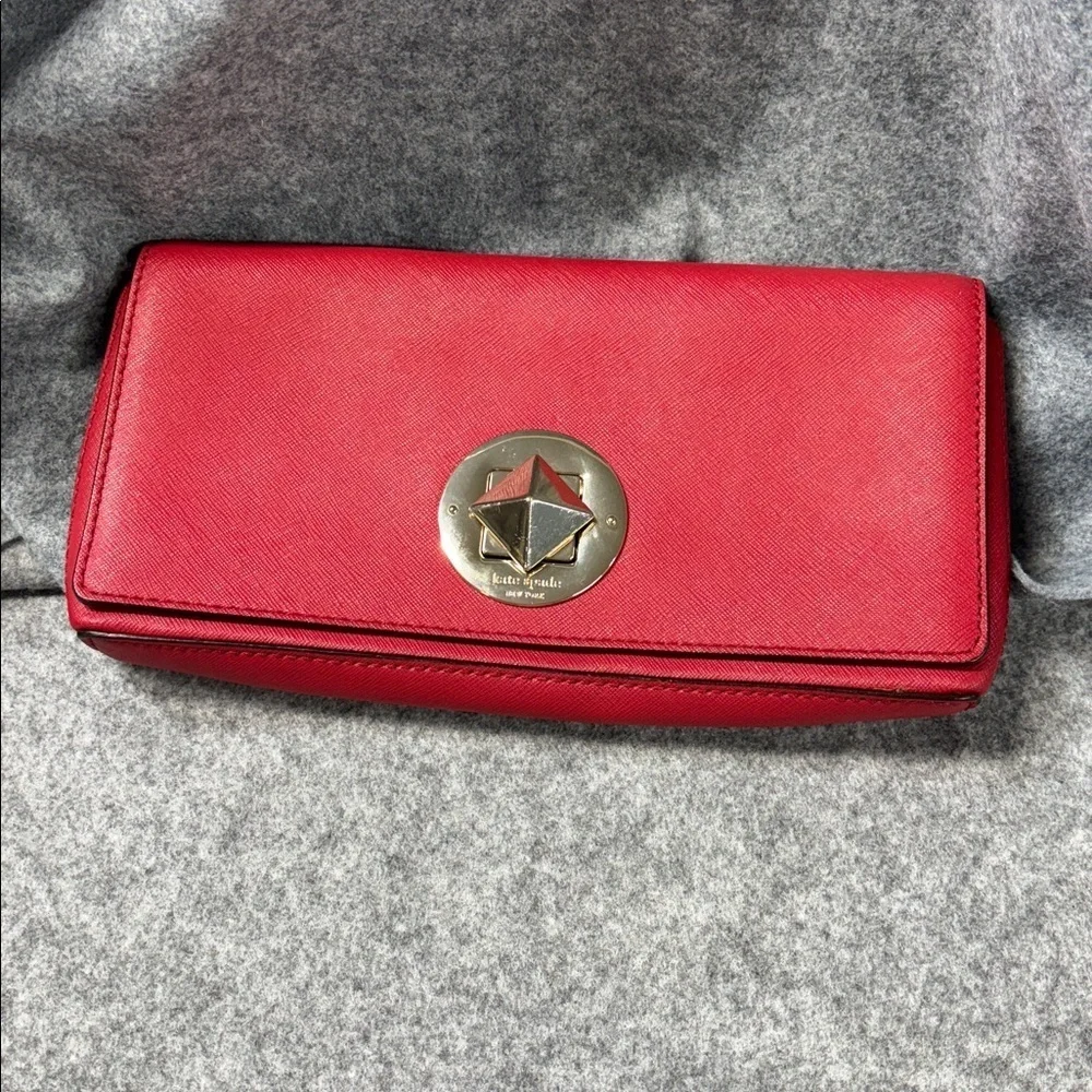 Kate Spade New York Lock Clutch Red Leather Envelope Brass Turn Pyramid Purse